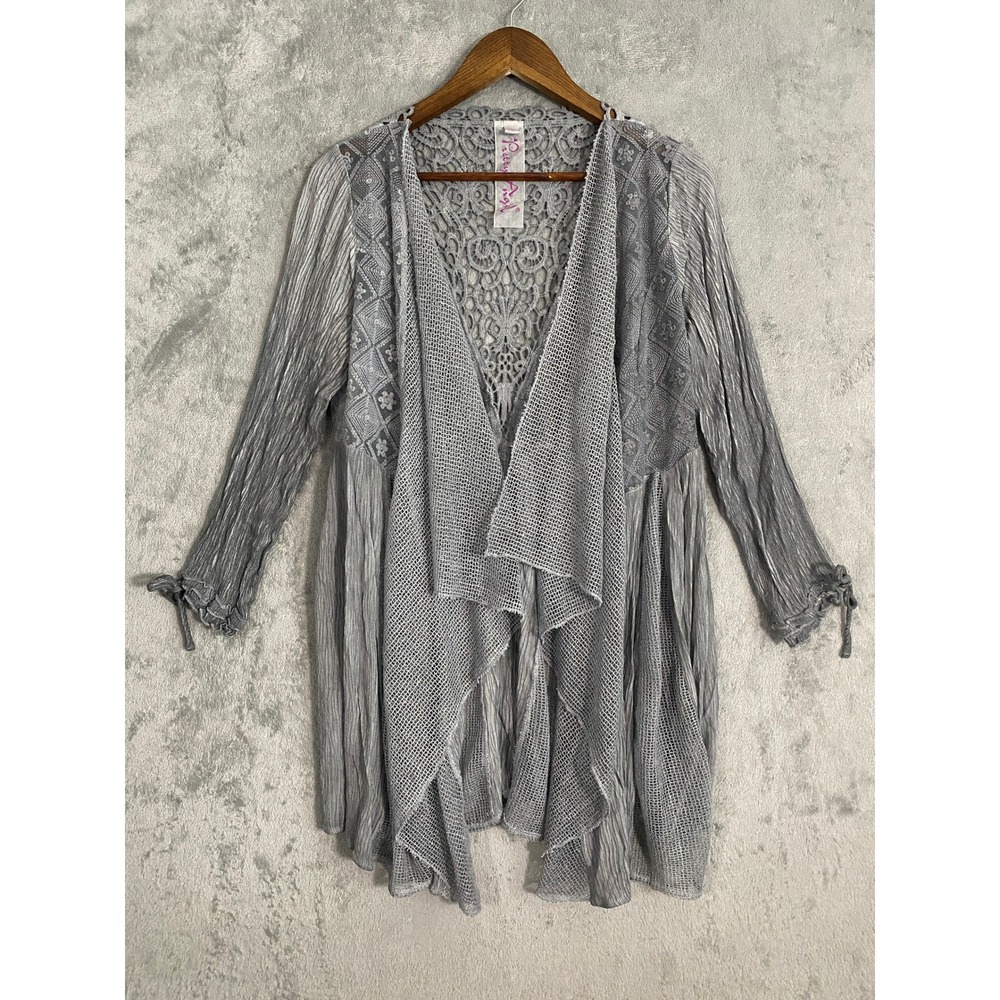 Pretty Angel Cardigan Sz M Gray Lace Crochet Crinkle Open Front Ethereal Fairy